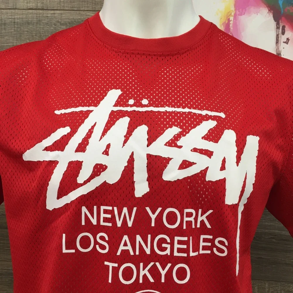 Stussy Red Mesh T-Shirt‎ Large New York Los Angeles Tokyo London Paris